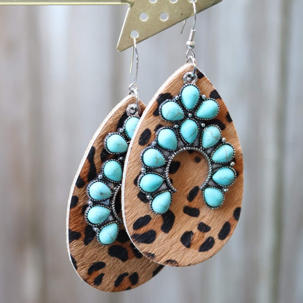 NEW-Turquoise & Leopard Teardrop Earrings